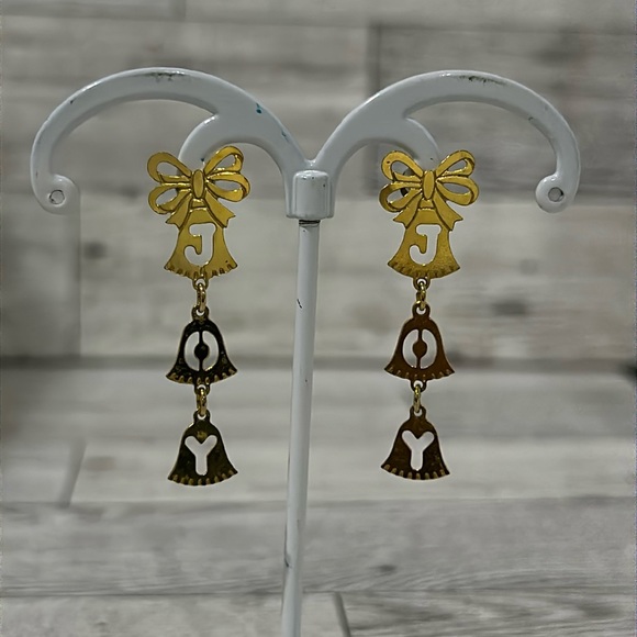 Vintage Christmas gold joy bell dangling earrings - Picture 1 of 4